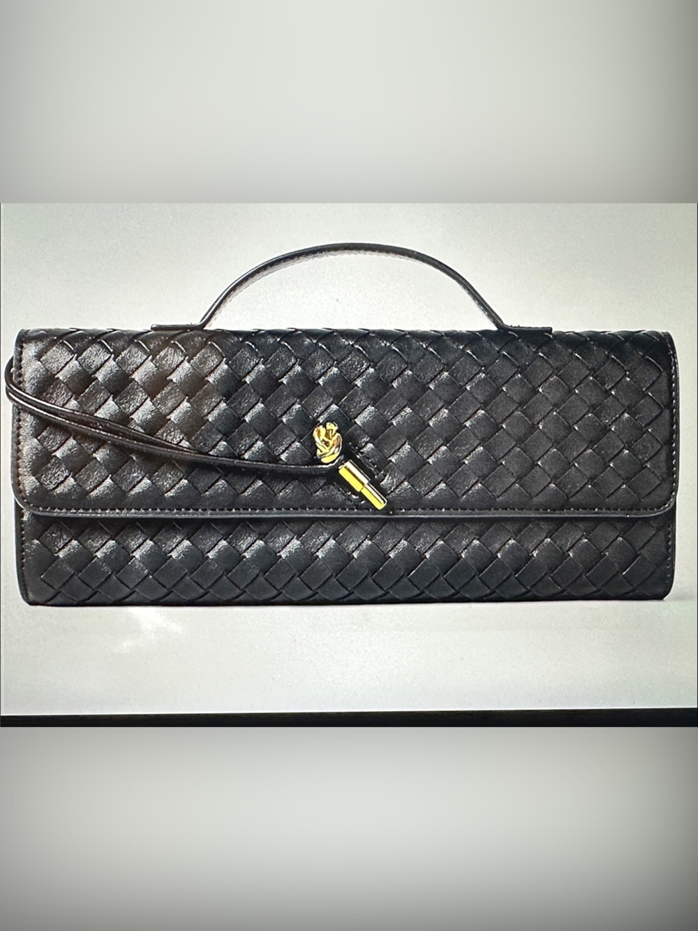 Black Woven Leather Men’s Clutch with Gold Accent